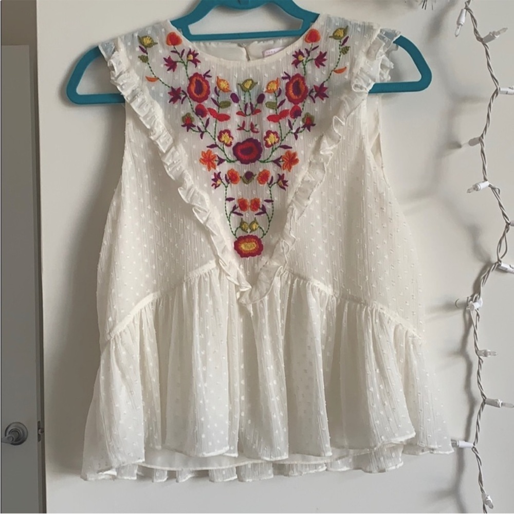 Zara ruffle floral embroidered blouse